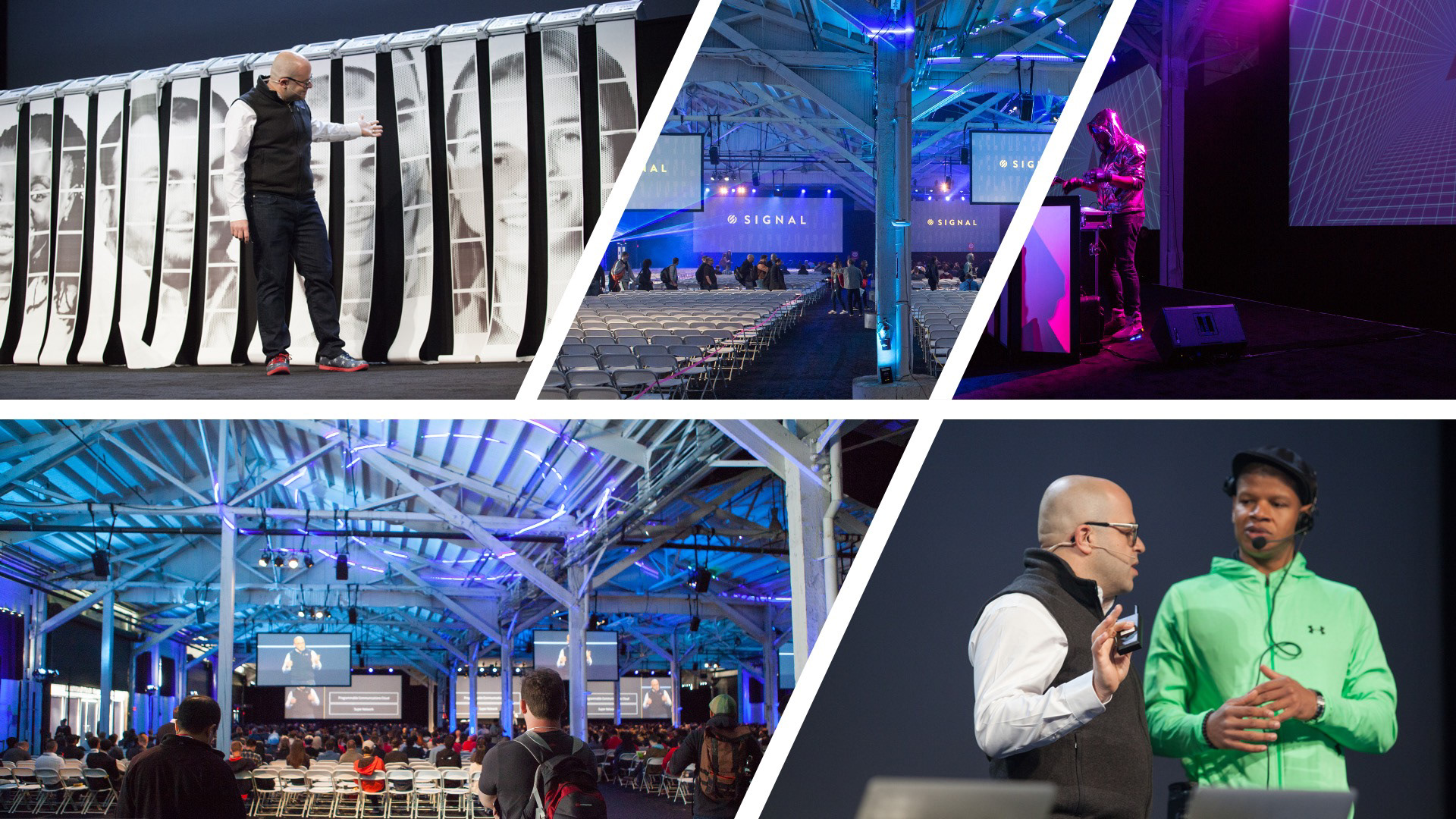 Four-panel event production collage showing Twilio Signal stage moments and venue shots